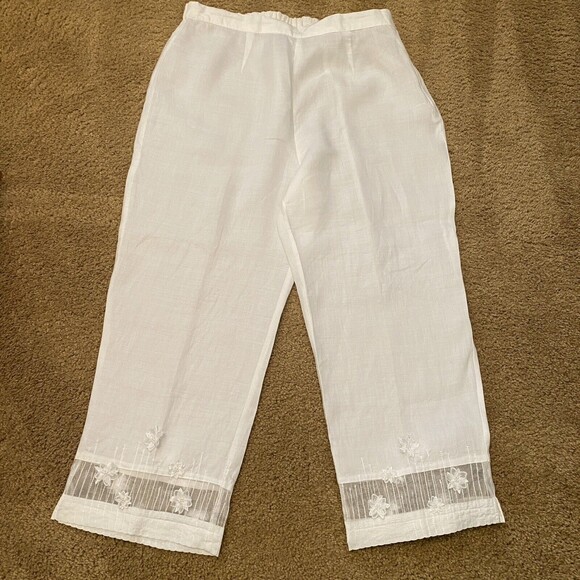 New 100% Linen Wide Leg Capri Crop Pearl Embellished Floral Elastic Large Jordan - Picture 1 of 9